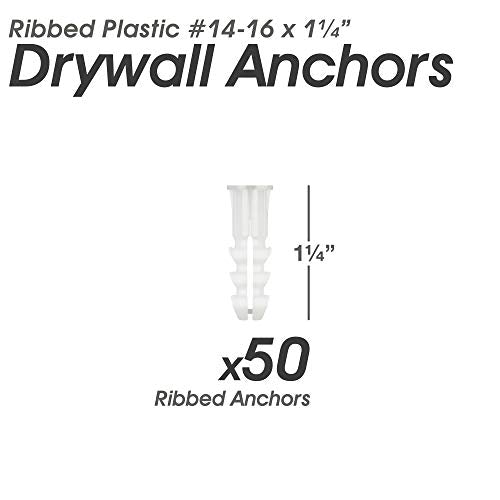 Premium Quality Ribbed Plastic Drywall Wall Anchors (#14-16 x 1-1/4") - size: #14-16 x 1-1/4”, style: Standard Pack