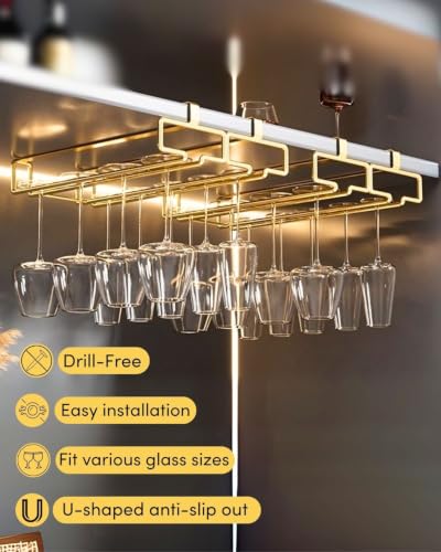 LINFIDITE Gold Under Cabinet Wine Glass Holder, 2 Pack, Space Saving, Easy Installation, Anti-Skid, Compact Design, Sturdy Materials, Affordable Gift - color: Gold, size: Shelf Thickness Under 0.98in