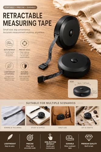 Retractable Soft Tape Measure 2 Pack, Dual Scale for Body Sewing | Black retractable tape with cm/inch scales, 5.2cm diameter, ABS case and PVC tape for sewing and crafting - color: Black