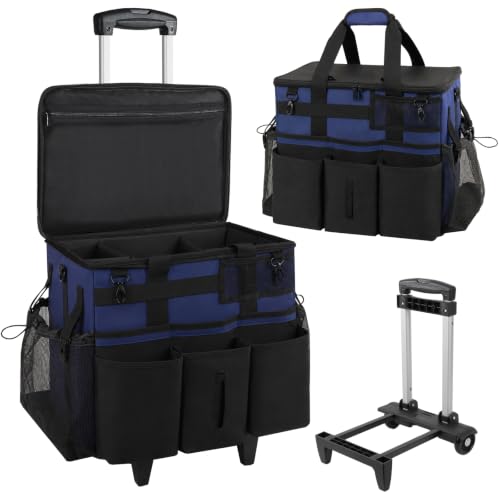 SCAVATA Rolling Cleaning Caddy Bag with Detachable Trolley, Large Cleaning Supplies Organizer with Wheels, Multi-Pocket Cleaning Cart with Adjustable Shoulder Strap for Housekeepers (NavyBlue) - color: NavyBlue