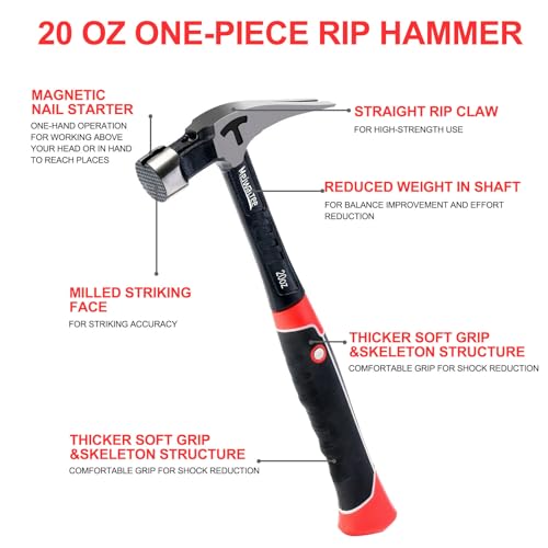 20 oz Heavy Duty One-piece Forged Hammer, Straight Claw Hammer with Magnetic Nail Holder, Rip Claw Hammer with Milled Face & Shock-Absorbing Reduction Grip - style: 20 oz Claw Hammer