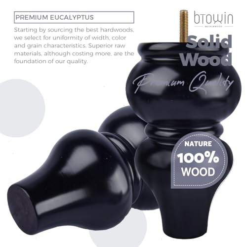 6 inch Solid Wood Turned Furniture Legs 4Pcs with M8 Bolts, Black - color: Black, size: 6" (15cm)