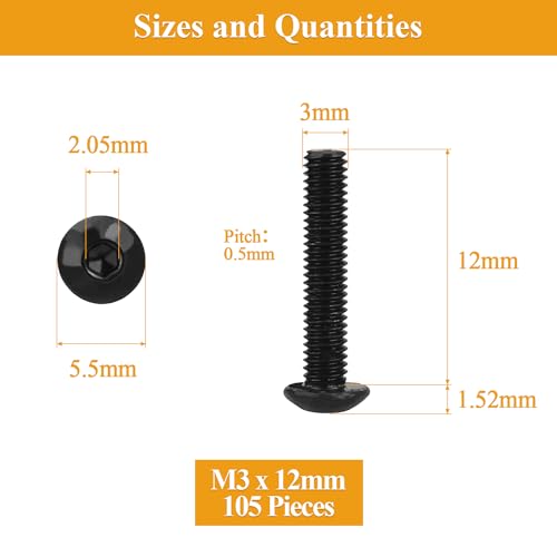 105 Pieces M3 x 12mm Button Head Socket Cap Screws, Thread Pitch 0.5mm, Sutemribor M3 Black Screws, 10.9 Grade Alloy Steel, Black Oxide Finish, Fully Threaded - size: M3 x 12mm, style: Button Head