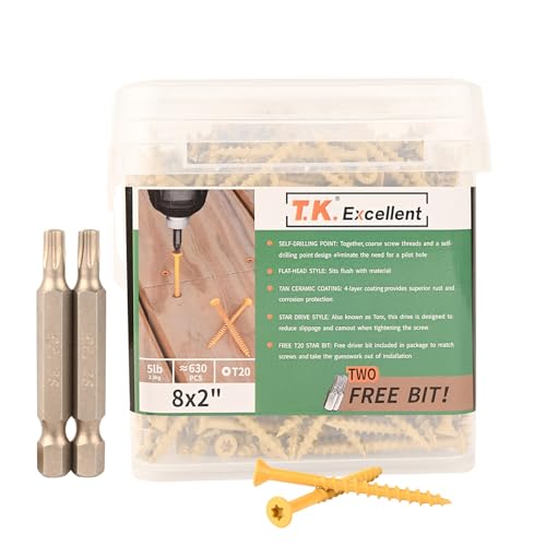 T.K.Excellent Deck Screws 2 Inch Wood Screws #8 x 2, 630 Pcs, Rust Resistant Structural Screws Tan Exterior Fence Screws Torx Drive Screws, Two T20 Bits, Brilliant Yellow Ruspert Coating Rust Proof - size: #8×2