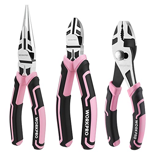 WORKPRO 3 PCS Pink Pliers Set, Needle Nose & Diagonal & Slip Joint Pliers
