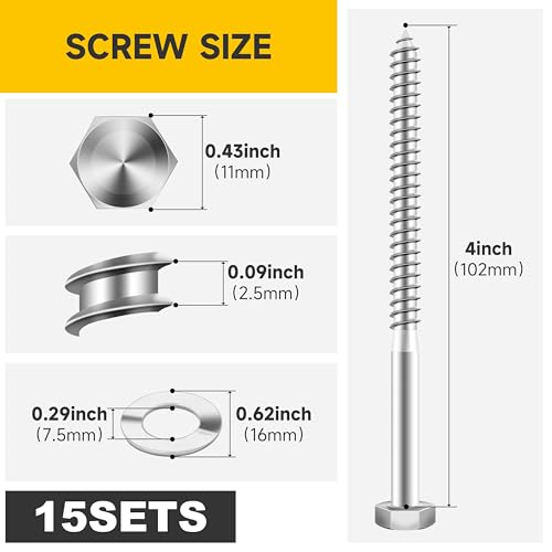 Mywish (15Sets) 1/4" x 4" Hex Head Lag Bolts, Heavy Duty Lag Screws with Washers, 304 Stainless Steel Bolts 18-8, Lag Screws Wood Screws, Partial Thread Bright Finish, 1/4 Bolt - size: 1/4 x 4" (15 set)