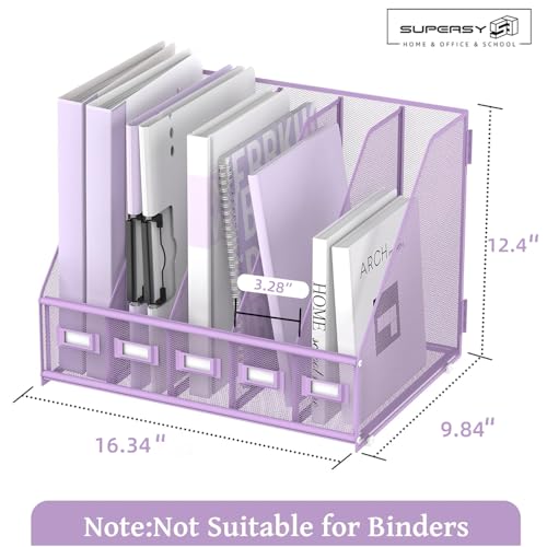 SUPEASY Desk Organizers Metal Desk Magazine File Holder with 5 Vertical Compartments Rack File Organizer for Office Desktop, Classroom, Home Workspace, Purple - color: Purple, size: Small