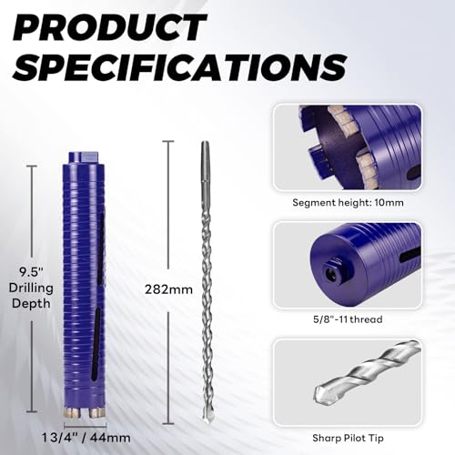1-3/4" Core Drill Bit with Pilot Bit & Adapters(SDS Plus and 1/2" Hex), 5/8"-11 Thread, 9.5" Depth, Upgraded-Welded Segments Diamond Core Bits for Concrete, Masonry, Brick Block - size: 1-3/4"