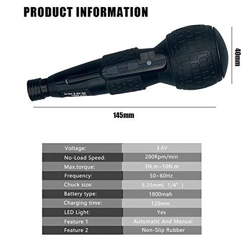 3.6V Cordless Electric Screwdriver USB-C Rechargeable LED Kit BLK - color: Black
