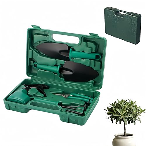 5-Piece Garden Tool Kit with Storage Case, Heavy Duty Gardening Tools Including Shovel, Trowel, Cultivator Rake, Pruners and Spray Bottle for Bonsai, Weeding and Yard Maintenance(Green-5) - color: Green-5