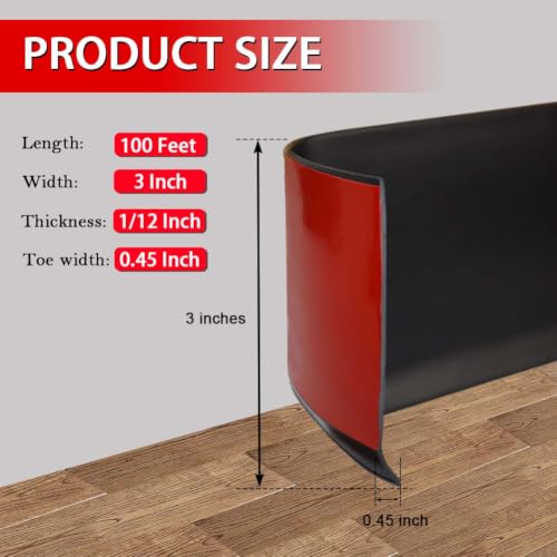 FONUNO Vinyl Wall Base Rubber Baseboard Molding Trim Self Adhesive 3" Wide - color: Black, size: 3in x 100ft