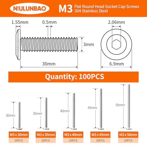 M3 x 30mm 35mm 40mm 45mm 50mm Flat Round Head Hex Socket Cap Screws Bolts, Furniture Screws, 304 Stainless Steel, Metric Fully Threaded, Allen Hex Drive, Bright Finish, Assortment Kit 100PCS - size: M3 x 30/35/40/45/50mm (100PCS)
