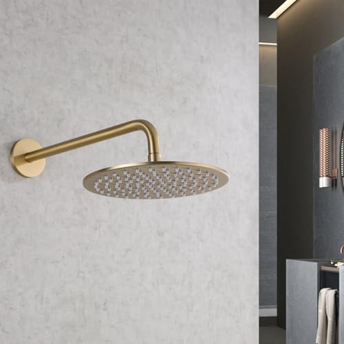 RANDOM 16 Inch Shower Arm with Flange,Stainless Steel 90 Degree Rain Shower Head Extension Arm,Wall-Mounted Shower Head Arm for Fixed Shower Head,Brushed Gold.RD91018-16BG - color: 16″ Brushed Gold(Round Flange)