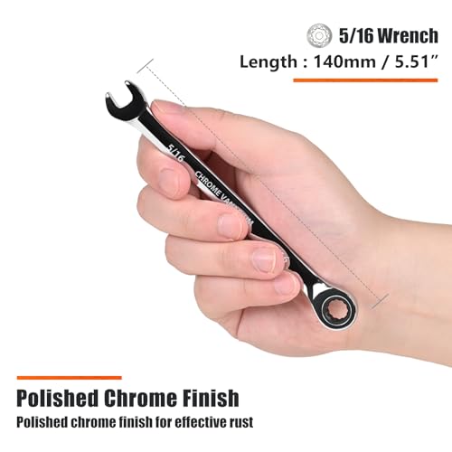 Egofine 5/16 inch Ratcheting Combination Wrench SAE, Industrial Grade Gear Spanner with 12-Point Design, 72-Tooth Ratchet, Chrome Vanadium Steel - size: 5/16"