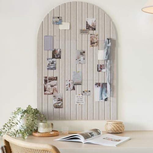 Large Arched Felt Bulletin Board - 6 Customizable Adhesive Tiles with Pins - color: Beige