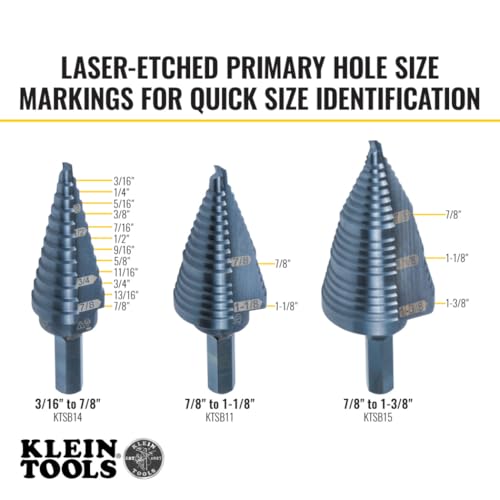 Klein Tools KTSBSPRO Premium 3-Piece Electrician's Step Bit Set with Cutting Oil, Modular Case, 3/8-Inch Hex Shank, Straight Double Fluted - size: 3-Piece Set, style: Standard