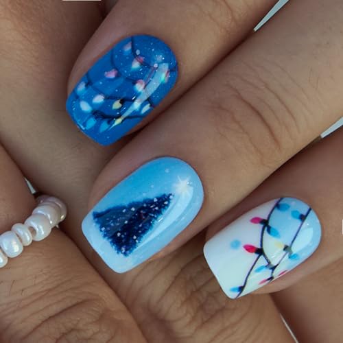 CurvLife Medium Christmas Press On Nails, Lights Art White, Soft Gel - color: Christmas Lights Nail Art