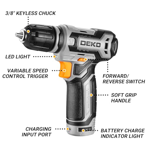 Cordless Drill: DEKO PRO 12V Power Battery Drill Set with Small Electric Drills and 3/8-inch Keyless Chuck with Portable Tool Set Gift Box - color: Grey