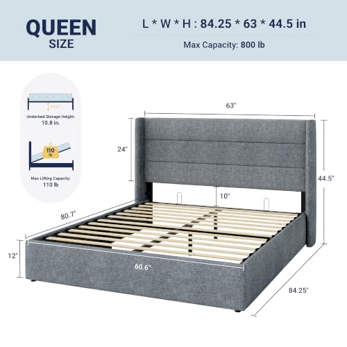 Allewie Queen Size Lift Up Hydraulic Storage Bed Frame Blue Grey - color: Blue Grey, size: Queen, style: Modern