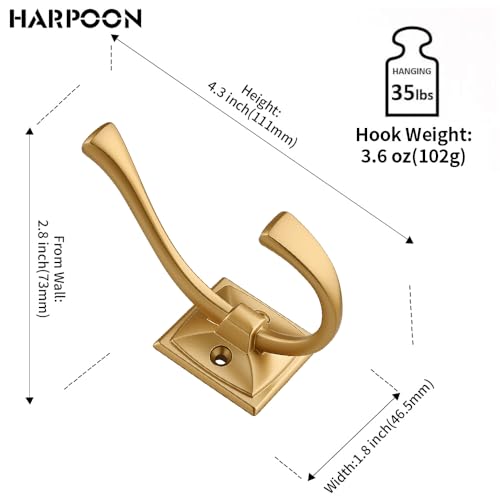 HARPOON 5 Pack Prong Hook, Heavy Duty Two Flared 4.3 inch Coat Hooks, Wall Mounted with 4 Screws, Utility Hooks - Brushed Gold - color: Brushed Gold