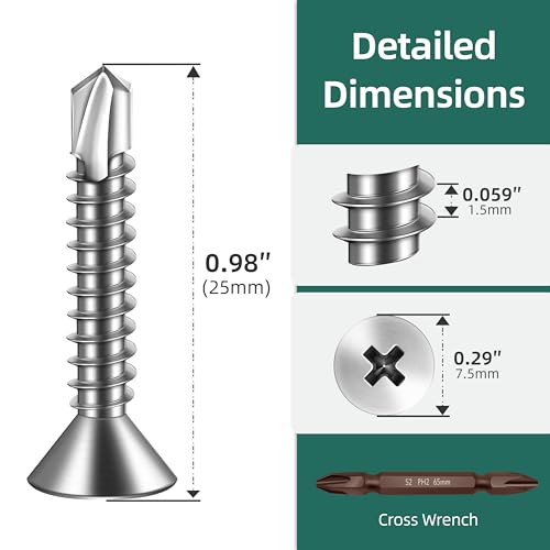 300pcs #8 x 1 Sheet Metal Self Tapping Screws Assortment Kit, 410 Stainless Steel Flat Head High-Strength Fast Self-Drilling Screws, Bright Finish - size: #8x1"