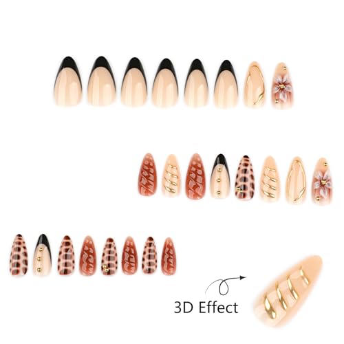 Mivota Brown Soft Gel Press On Nails 24PCS – Mixed Texture Almond Fake Nails with 3D Flower Design, Gold Edge & Snake Pattern, Glossy Reusable Glue On Nails for Women, Trendy Fall Nail Tips - color: 3D-62-Black French Gold Lines