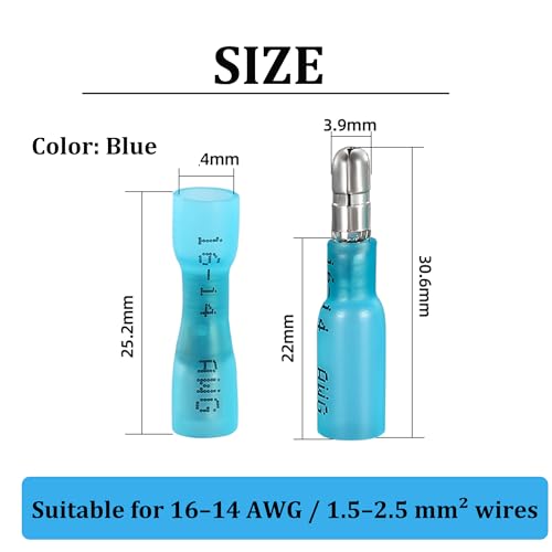 200PCS Heat Shrink Bullet Connectors, Bullet Terminals, Female and Male Crimp Connectors for Watercraft, Electronics, Automotive AWG16-14-Blue - color: Blue AWG16-14