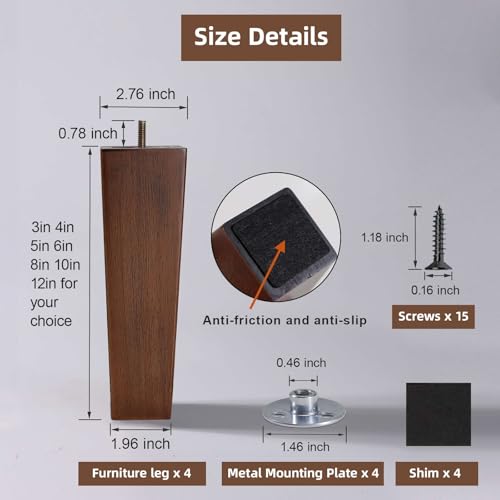 WEKIS Solid Wooden Furniture Legs 8 Inch, Natural Mid Century Brown Square Legs for Couch, Sofa, Cabinet, Bench, Bed - Set of 4 - size: 8 Inch