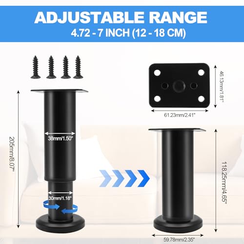 Uenhoy Set of 4 Adjustable Furniture Legs 4.72-7 Inch Metal, Black - color: Black, size: 4.72 - 7 Inch