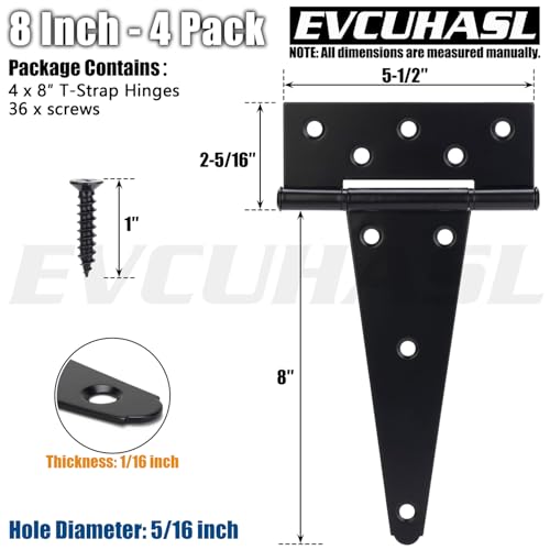 8 Inch T-Strap Gate Hinges, Shed Barn Door Hinges Heavy Duty, Black Tee Hinges for Wooden Fences, Yard Gate, Wrought Hardware Iron Rustproof (4 Pack/Set) - size: 8 Inch