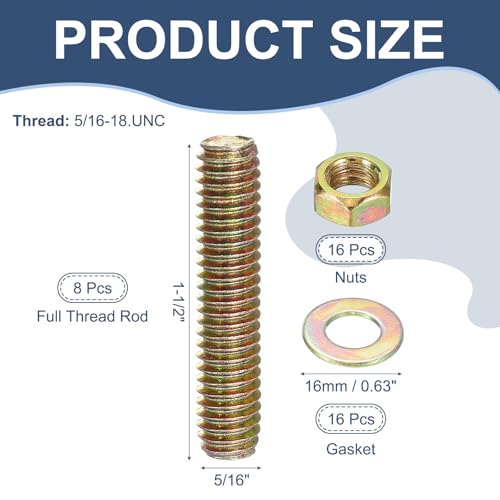 PATIKIL 5/16" x 1-1/2" Color Zinc Fully All Thread Rod, 8 Pcs Carbon Steel Long Threaded Screw Stud Bolts for Furniture Garden Mounting Assembly Fastening - size: 5/16" x 1-1/2"