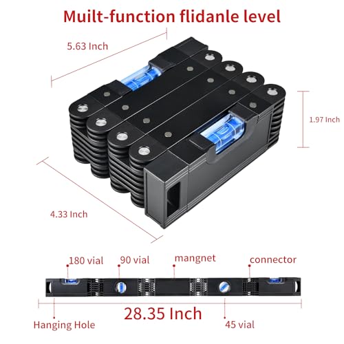 28-In Folding Level Tool, Magnetic Foldable Level Ruler with 4 Easy-Read Bubbles, Aluminum Alloy Multi-Angle Leveling Tool for 4 Foot Layout, Corners, Stairs, Woodworking & Construction & DIY'er - color: Black Folding Level Tool