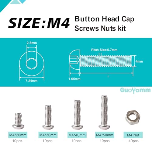 M4 x 20mm 30mm 40mm 50mm Button Head Socket Cap Screws Bolts and Nuts, Stainless Steel 304, Bright Finish, Metric Allen Hex Drive, Fully Thread, Assortment Kit 80PCS - size: Button M4x20-50mm+Nuts
