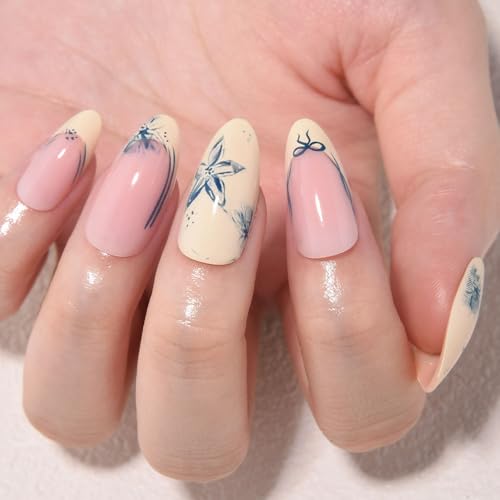 Blue French Tips Press On Nails Medium Almond, Flower Sticke On Nails, Salon Quality. Floral Designer Reusable Acrylic Fake Nails Press Ons, Spring-Summer Ready Daily Wear Press-Ons for Women - color: LF3757-Blue Flower French, size: 24 Pieces (Pack of 1)