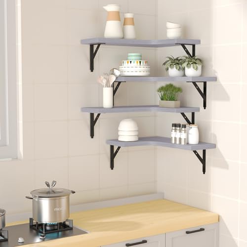 ROMGUAR CRAFT Corner Floating Shelves Wall Mounted Set of 4, Light Grey - color: Light Grey