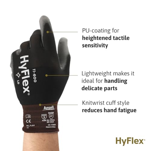 Ansell HYFLEX 11-600 Light Duty Nylon Industrial Gloves w/Palm Coating for Metal Fabrication, Automotive - Medium (8), Black (1 Pair)