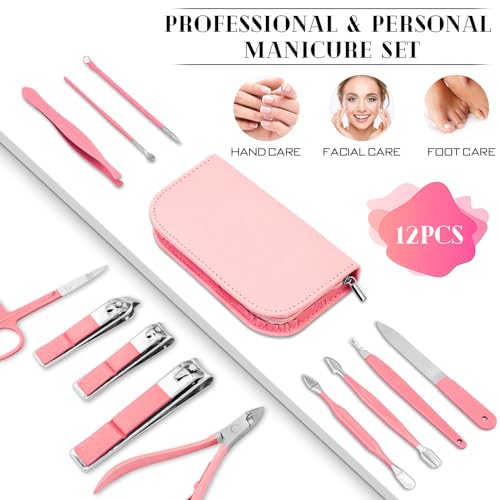 BLESWIN Manicure Pedicure Set, 12 Pcs Nail Care Kit for Women, Mens Nail Grooming Kit, Manicure & Pedicure Tools & Accessories, Pink Nail Kit Manicure Set Luxury Leather Case for Home Salon Use - color: 1-Pink