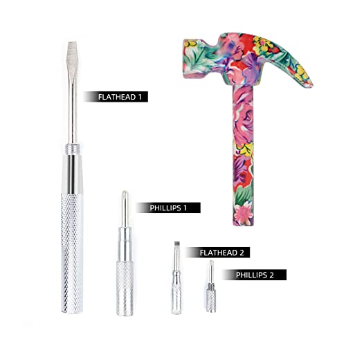 YOUMI 6 in 1 Multifunctional Floral Hammer & Screwdriver Tool Set Claw Hammer with Slotted/Flat Head Phillips Screwdriver Nail Puller Best Christmas Thanksgiving Halloween Gift for Her(Pink) - color: Red