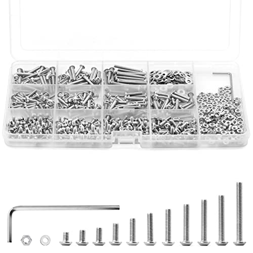 630PCS M3 x 4/5/6/8/10/12/14/16/18/20/25mm Button Head Socket Cap Screws Bolts and Nuts Flat Washers Assortment Kit, 304 Stainless Steel, Metric Machine Fully Thread, Allen Hex Drive - size: M3 Button Head (630PCS)