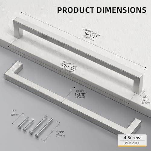 Goldenwarm Brushed Nickel Cabinet Pulls 20 Pack 10 Inch, Square Drawer Handles, Stainless Steel, Screws Included, Silver Kitchen Hardware for Cupboard Closet Furniture Upgrade - size: 10In(256MM) Hole Centers