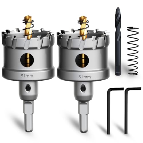 Metal Hole Saw 2''(51mm) 2Pcs Set Heavy Duty Tungsten Carbide Tipped Hole Cutters Set with a nitrided Step Drill and L-flench, for Steel Iron,Aluminum,Stainless stell,Plastic - size: 2''(51mm)-2PCS