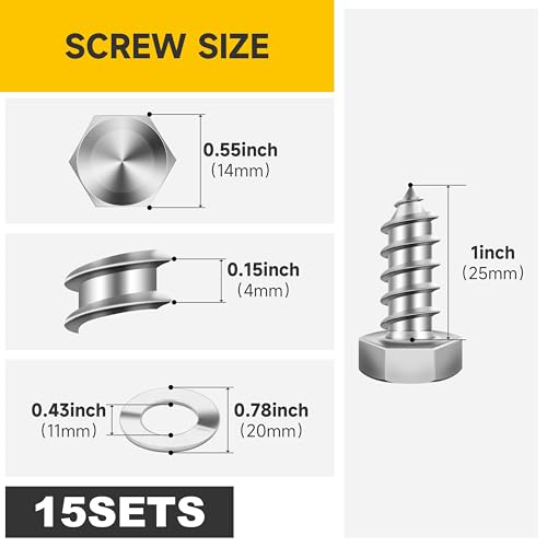 Mywish (15Sets) 3/8" x 1" Hex Head Lag Bolts, Heavy Duty Lag Screws with Washers, 304 Stainless Steel Bolts 18-8, Lag Screws Wood Screws, Fully Thread Bright Finish, 3/8 Bolt - size: 3/8 x 1" (15 set)