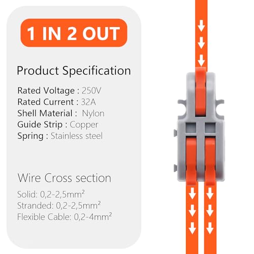 20Pcs Lever Wire Connectors, 1 in 2 Out DIY Mini Splicing Compact Splitter Docking Terminal Block Electrical Connectors, 24-12 AWG