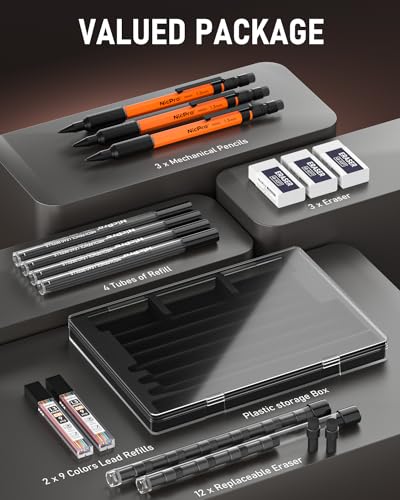 Nicpro 3 PCS 1.3 mm Mechanical Pencils Set with 66 Lead Refill, 3 Eraser - style: 3 Pack (Orange)