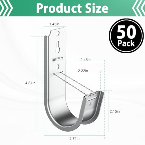 50 Pack 2 Inch Cable Support J Hook Wall Mount J Hook with Retainer Clip, Galvanized Steel for Cable Management & Organization Solution - size: 50 Pack