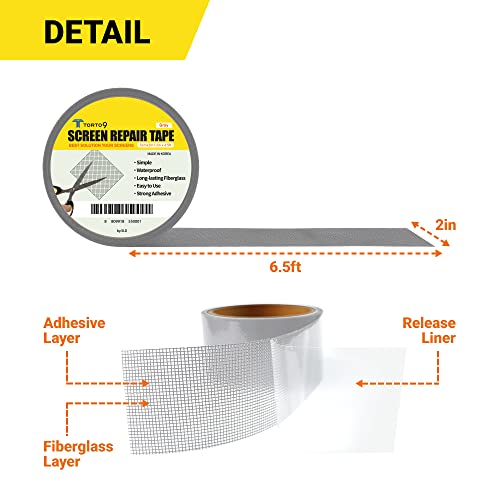 TORTO9 Window Screen Repair Kit, 3-Layer Strong Adhesive & Waterproof Tape Fiberglass Covering mesh (Gray, 2 Inch x 6.5 FT) - color: Gray, size: 2 Inch x 6.5 FT