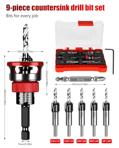 9PCS Countersink Drill Bit Set with Adjustable Depth Stopper - color: Red, size: Standard - Manual Adjustment