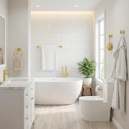 5 Piece Brushed Gold Bathroom Hardware Set, 24 Inch Bathroom Hardware Set Towel Racks for Bathroom, SUS304 Stainless Steel Wall Mounted Bath Towel Bar Set - color: E-24 Brushed Gold