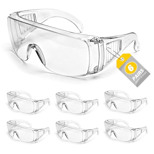 6 Pack Clear Safety Glasses Over Eyeglasses, ANSI Z87.1 Impact Resistant Polycarbonate Lens, Safety Goggles Over Glasses, Protective Eyewear for Lab, Construction, Outdoor Work - color: Clear Lens