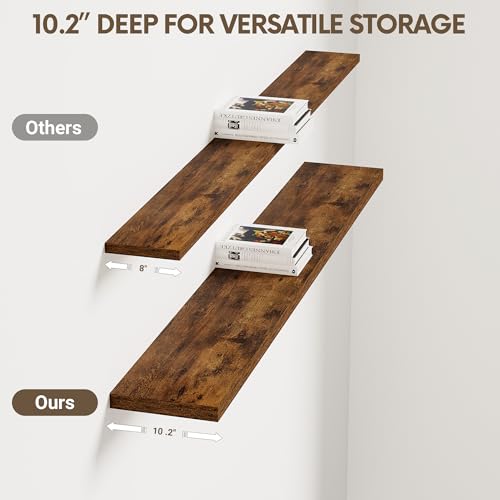 Vivelove 10 Inch Deep Floating Shelves for Wall 55” Set of 2, Rustic Brown - color: Rustic Brown, size: 55”wx10.2”dx1.5”h
